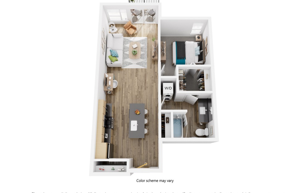 1x1D2 - 1 bedroom floorplan layout with 1 bathroom and 700 square feet (3D)