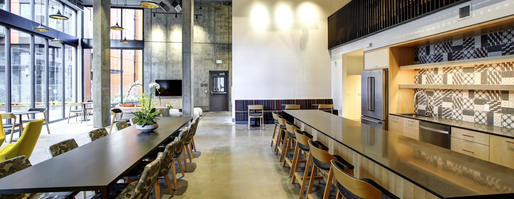 a large room with tables and chairs